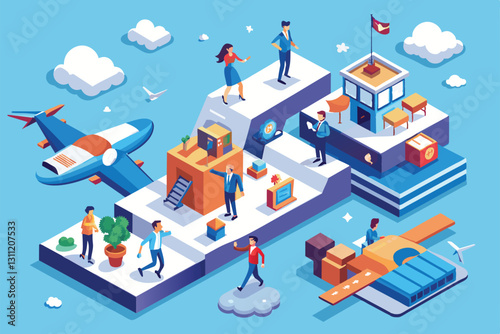 Individuals participate in customizable isometric activities in an imaginative environment featuring planes and clouds, People flying Customizable Isometric Illustration