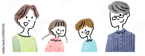 笑顔で下を見ている4人家族の手描きイラストアイコン