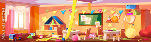 Messy kindergarten room with toys scattered across wooden floor. Dirty bright interior with colorful flags hanging above, notice board with drawings, playhouse corner and small tables with chairs.