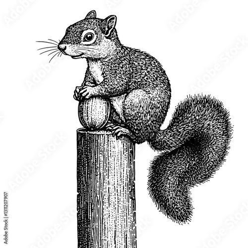 Detailed vector engraving of a squirrel perched on a log holding a nut, showcasing intricate fur texture and features