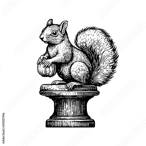 Engraved vector illustration of a squirrel holding a nut on a pedestal for tattoo design