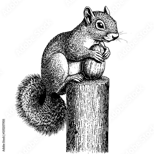 Engraved tattoo design featuring a squirrel holding an acorn perched on a wooden post