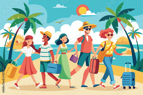 Group of friends walking along a sunny beach, carrying luggage and excited for their summer vacation, People going on summer vacation, journey, trip,