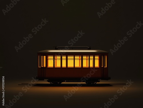 A public transportation vehicle illuminated in a dimly lit environment