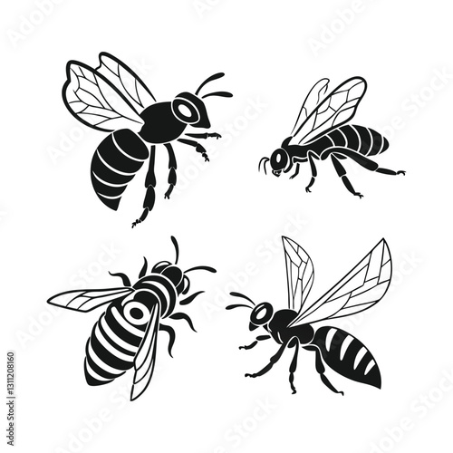 Simple Black and White Bee Silhouettes Set