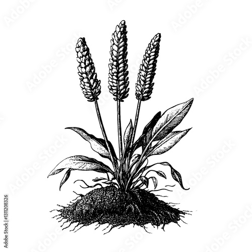 Intricate engraved design of wheat plant with leaves and roots in black and white style for tattoo ideas