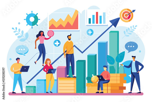 A group of individuals examines growth trends and metrics on a graph, collaborating in a vibrant environment, people growth data graph analysis