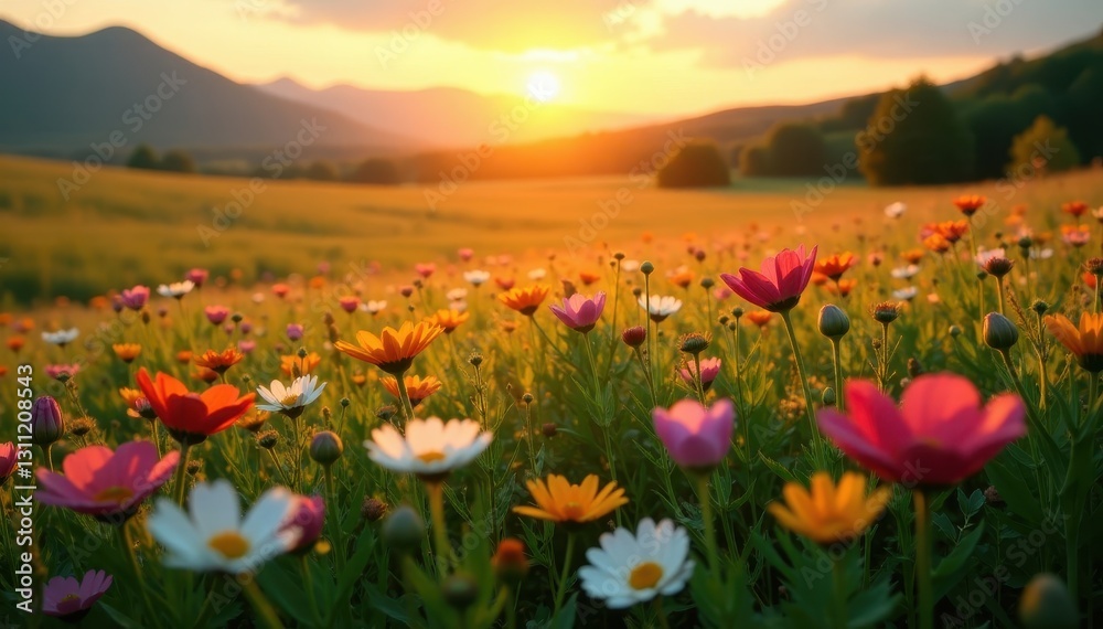 Golden hour illuminates vibrant wildflowers in expansive meadow, idyllic, background, flora Golden hour illuminates vibrant wildflowers in expansive meadow, idyllic, background, flora