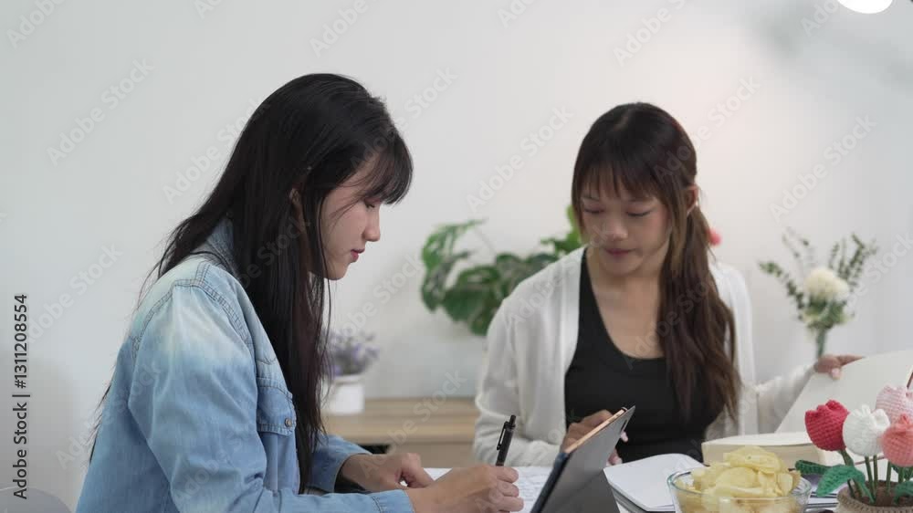 Students studying and brainstorming campus concept. Close up of students discussing their subject on books textbooks and writing to notebook. Students studying and brainstorming campus concept. Close up of students discussing their subject on books textbooks and writing to notebook.