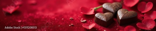 Heart-shaped chocolates and roses on a velvet background, photography, sweet