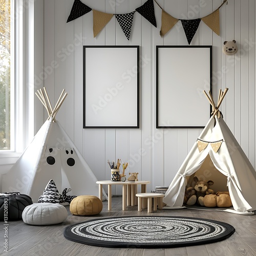 2 blank white A3 posters in a black frame on the wall, a Scandinavian-style kids' room with a teepee and play table, black bunting decorations, a simple design, in a mockup style. 