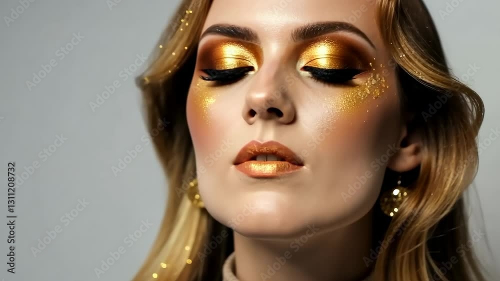 Glamorous model with golden makeup posing confidently Glamorous model with golden makeup posing confidently