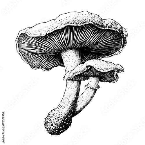 Detailed engraved vector artwork of mushrooms designed for tattoo enthusiasts and nature lovers