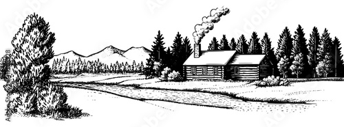 Engraved vector design of a rustic cabin by a river surrounded by mountains and trees