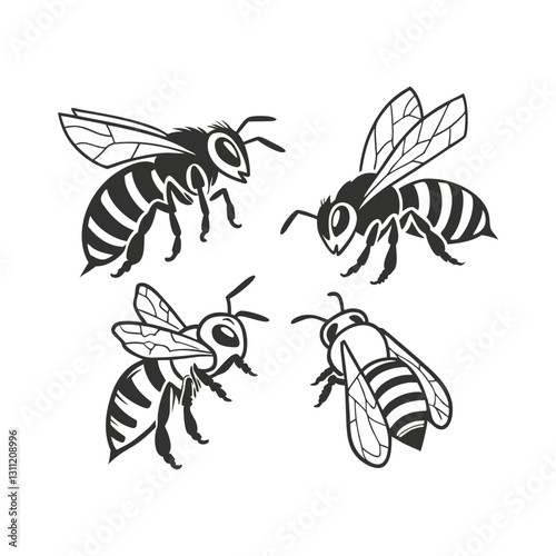 Simple Black and White Bee Silhouettes Set
