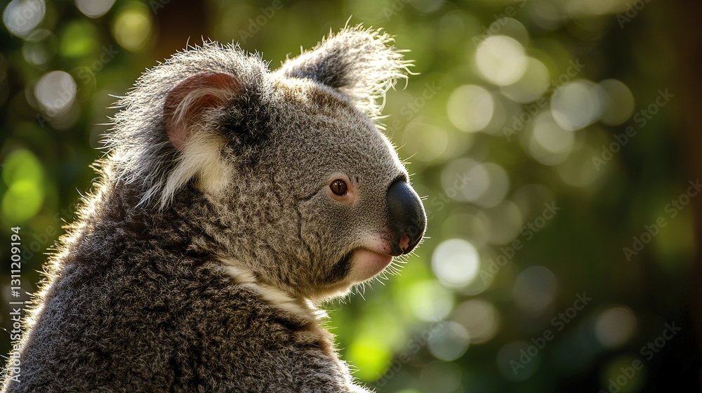 Fototapeta premium Side profile of noble koala with fluffy ears in sunlight