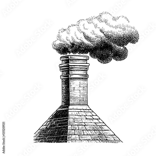 Engraved vector design depicting chimney with smoke rising against a simple background