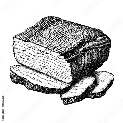 Detailed engraving of a freshly sliced loaf of bread showcasing textured layers and rustic charm suitable for tattoo art