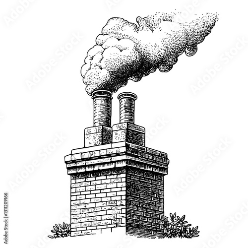 Engraved vector design of a brick chimney with smoke in a tattoo style illustration