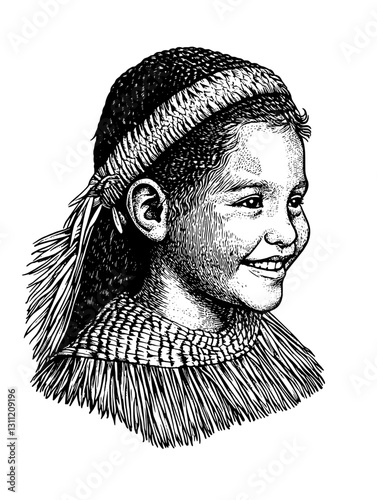 Engraved portrait of a smiling child wearing traditional attire and headdress in a detailed vector design suitable for tattoo art