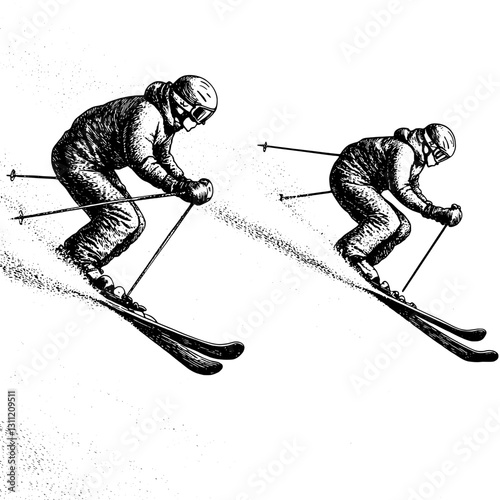 Engraved vector design of skiers performing dynamic moves on snowy slopes