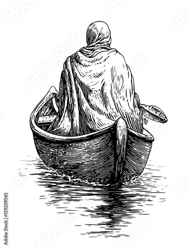 Engraved vector art of a figure in a boat on water reflecting serene solitude