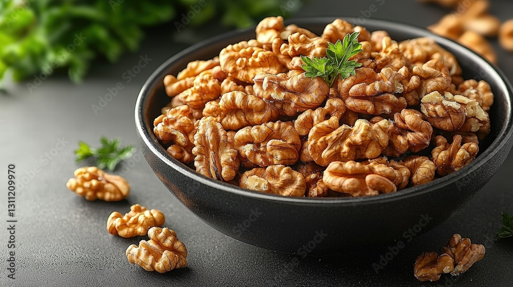 Obraz premium A beautifully arranged bowl filled with plump walnuts setting on a wooden table with soft lighting
