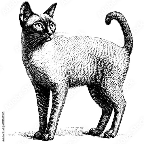 Engraved vector design of a standing cat in a classic tattoo style with intricate details and shading