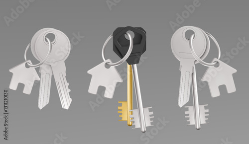 Key sets with house shaped keychains on metal rings. Realistic 3D render of bunches of access tools - silver and gold with different head designs, attached to fobs for real estate or property concept.