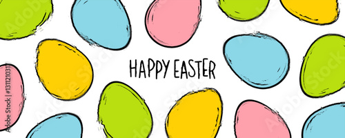 Happy Easter festive banner. Hand lettering and brush stroke Easter Eggs. White background. Vector illustration.