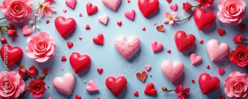 Vibrant hearts, candy, and flowers in a romantic repeat pattern , cute, illustration