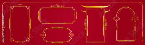 Japanese golden frames on red background. Elegant oriental border collection with pagoda roof shapes, spiral flourishes, flower motifs. Traditional Asian decorative elements for festival cards.