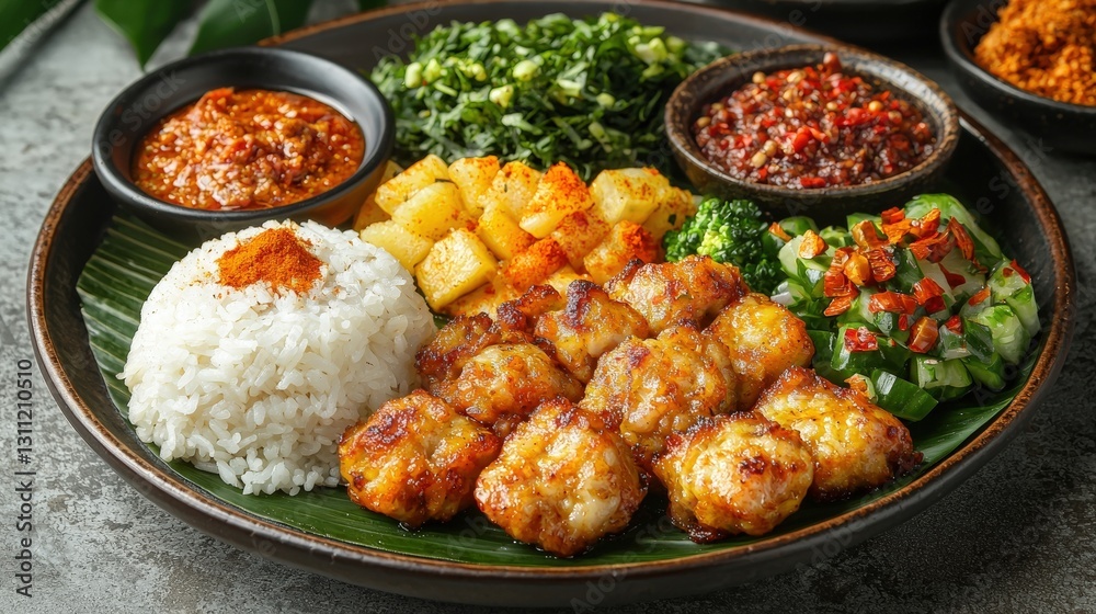 Fototapeta premium A delicious plate of steamed rice accompanied by fresh vegetables for a nutritious meal option