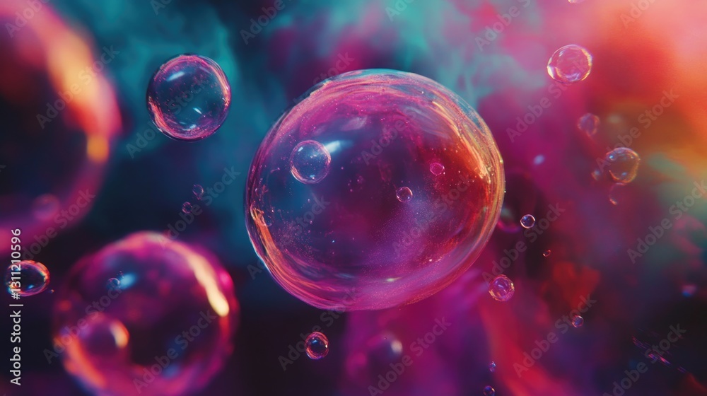 Several colorful transparent soap bubbles float against an abstract background Several colorful transparent soap bubbles float against an abstract background
