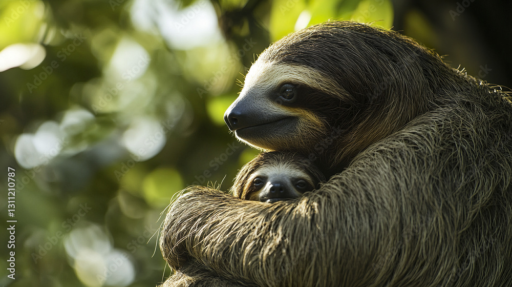 Naklejka premium Mother sloth embraces baby in lush forest setting