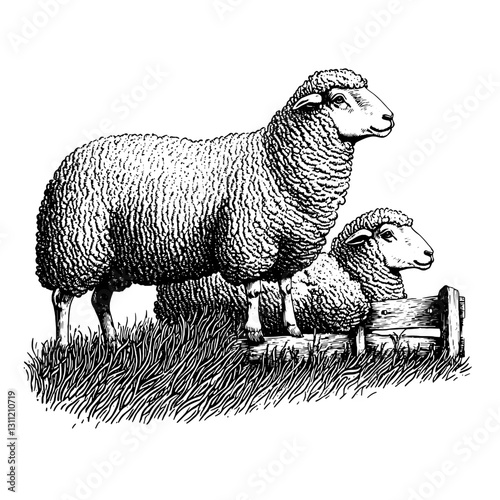 Engraved vector art of sheep in a grassy field, showcasing detailed textures and natural characteristics