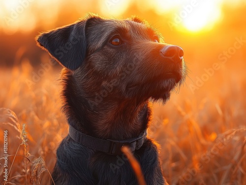A dog sits comfortably in a field of tall grass