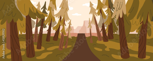Forest path, nature landscape. Woodland trail, coniferous trees, pines and firs. Footpath in wild woods, conifer trunks, grass and walkway, panoramic perspective view. Flat vector illustration