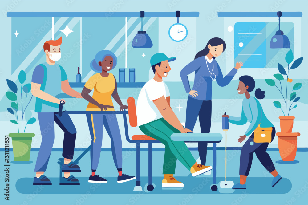 Fototapeta premium Participants engage in orthopedic therapy activities under the guidance of a professional in a clinic, People in orthopedic therapy rehabilitation,