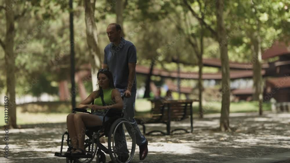 Man pushing woman in wheelchair in slow motion Man pushing woman in wheelchair in slow motion