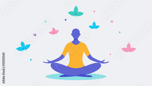 Whimsical Dreamer This illustration depicts a person sitting crosslegged in a meditative pose with a peaceful expression. A soft aura surrounds their head and numerous small