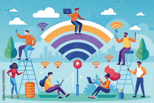 Groups of individuals are engaged with their devices, utilizing high-speed wifi in a lively urban park, People in wifi zone concept,