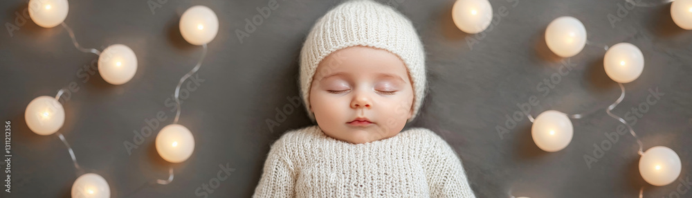 peaceful baby sleeping surrounded by soft glowing lights, wearing cozy knit outfit peaceful baby sleeping surrounded by soft glowing lights, wearing cozy knit outfit