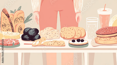 person stands behind table filled with various breakfast foods, including bread, fruit, and drinks, creating cozy morning routine scene