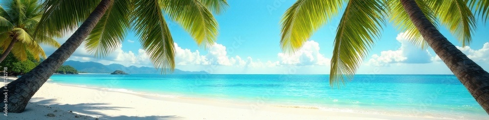 Fototapeta premium Sun-drenched palms arch over pristine beach, crystal clear water shimmers, beach, nature, sunlight
