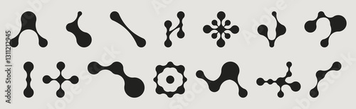 Metaball black shapes collection with organic connected elements. Minimalist molecular structures in grid pattern. Various node configurations from simple curved forms to complex symmetrical designs.