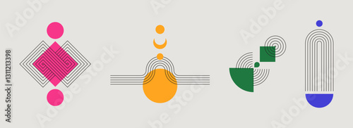 Minimal geometric composition - pink spiral square, yellow curved form, green semicircles, blue arch. Abstract mid century design elements. Simple vibrant color blocks with concentric patterns.