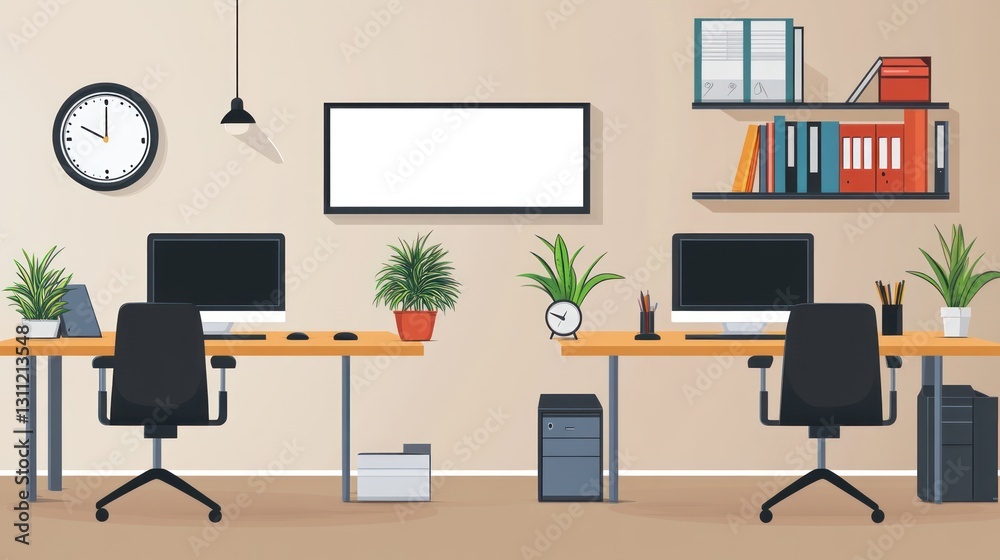 Two modern office desks with computers, plants, and accessories. Empty space for presentation or branding. Suitable for workspace design, office layout, or interior design Two modern office desks with computers, plants, and accessories. Empty space for presentation or branding. Suitable for workspace design, office layout, or interior design