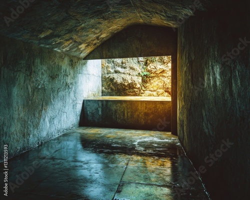 A dark room with a window and stone wall