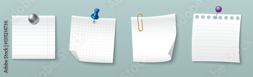Paper stickers attached with pins and clips isolated on background. Vector realistic illustration of blank memo notes for office wall or detective board design, empty notebook page, reminder sheets